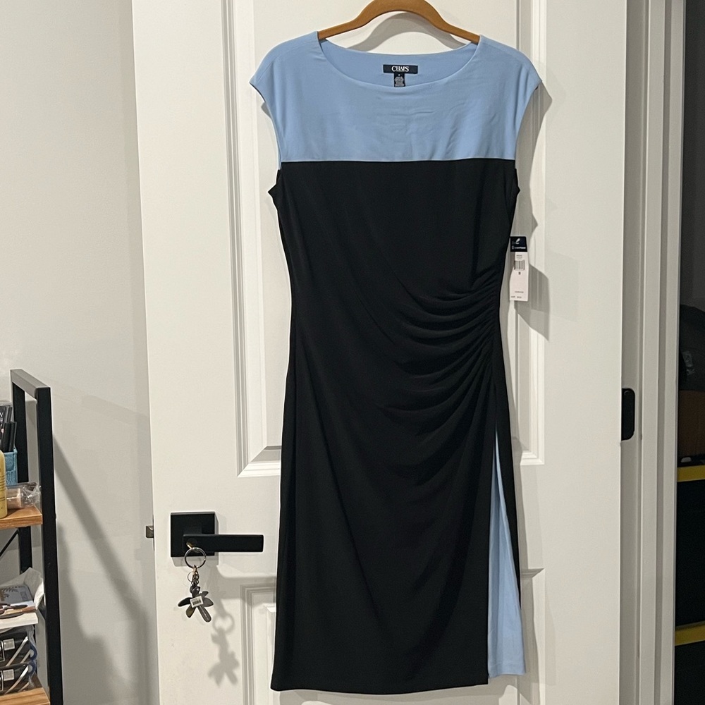 Chaps Navy and Light Blue Midi Dress Women’s Size M NWT
